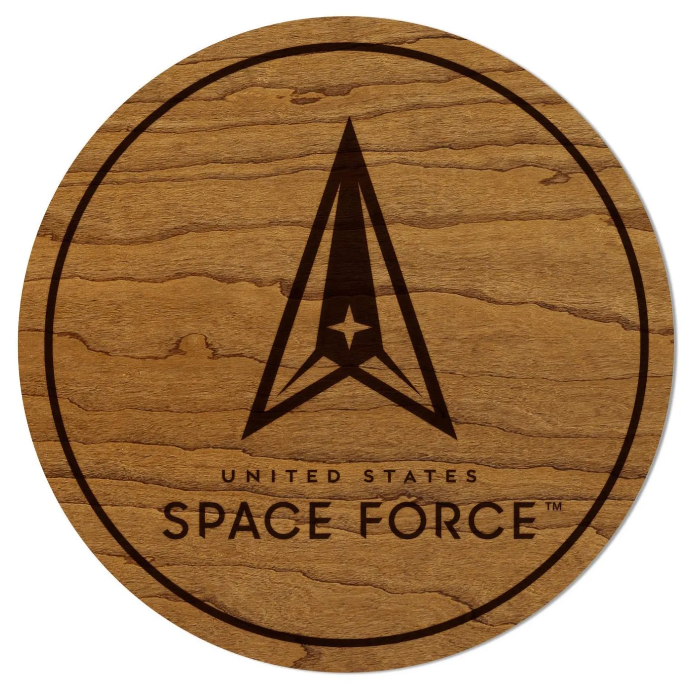 Walnut coaster with an engraved emblem