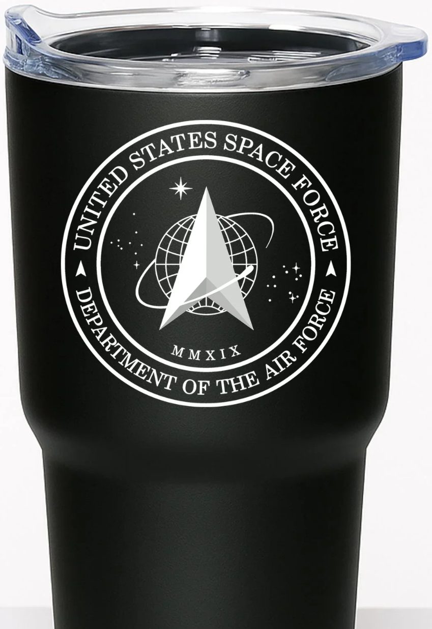 Black powder-coated tumbler with an engraved emblem